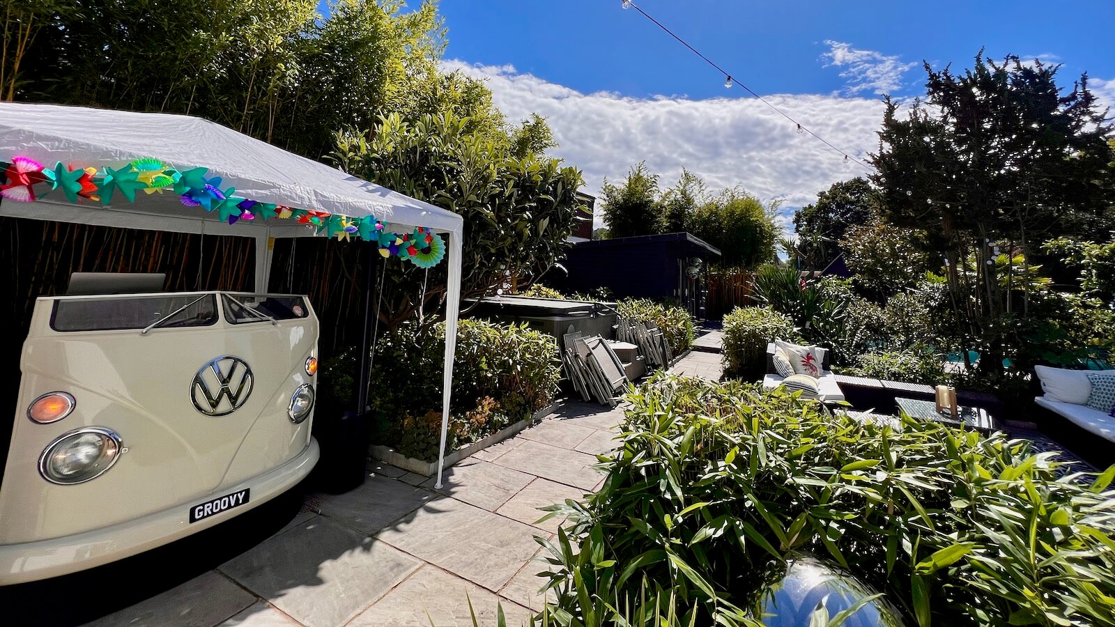 my unique VW DJ booth at Kirsty's garden party