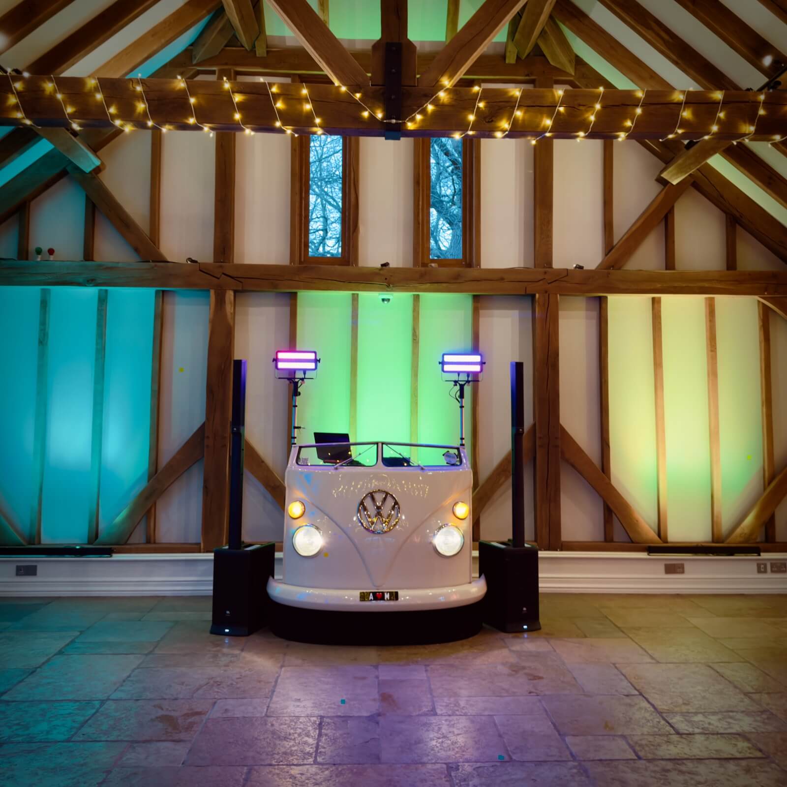 Asha and Mark's wedding at Brookfield Barn with wedding DJ Brian Mole, and the unique VW DJ booth