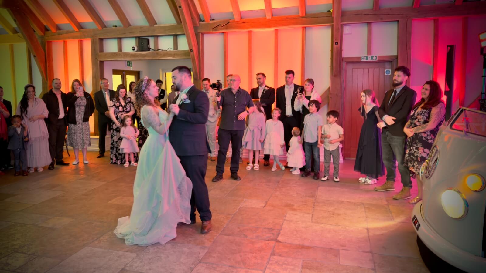 Asha and Mark's first dance at Brookfield Barn with wedding DJ Brian Mole, and the unique VW DJ booth