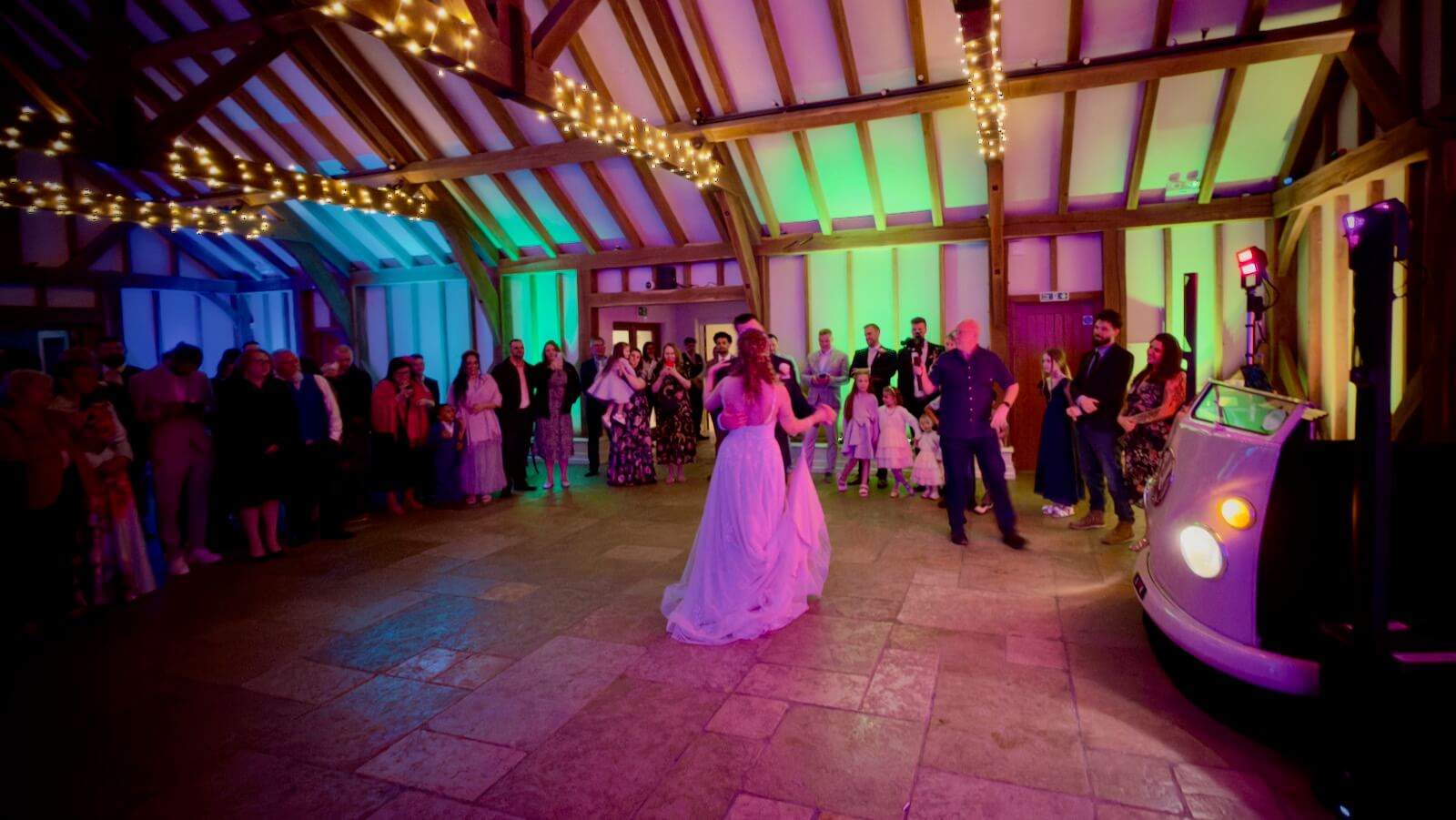 Asha and Mark's first dance at Brookfield Barn with wedding DJ Brian Mole, and the unique VW DJ booth