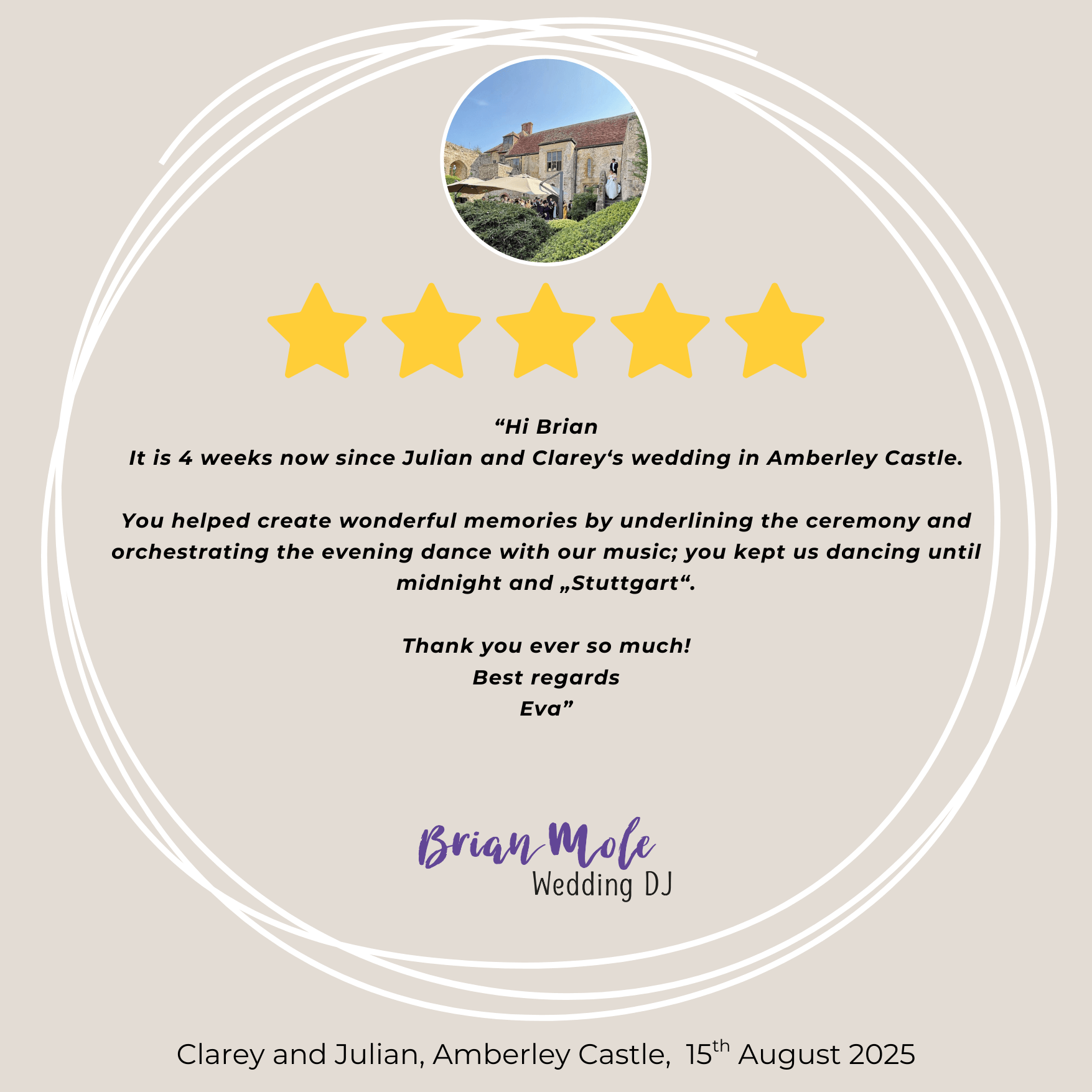 thank you from Eva, Julian's mum for  my dj services at Clarey and Julian's wedding at Amberley Castle
