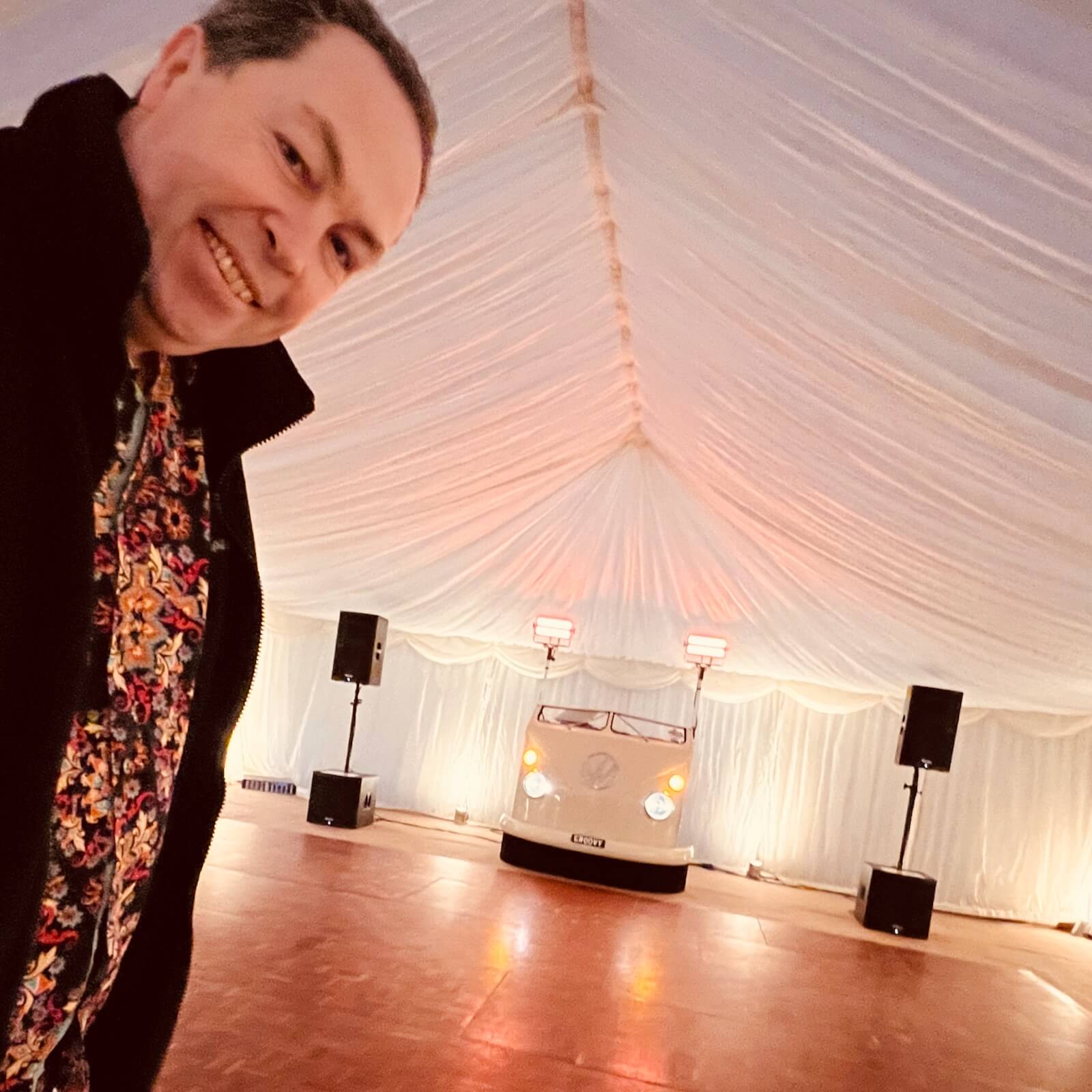 Felix's 50th in a marquee - Brian all set up and ready to go!