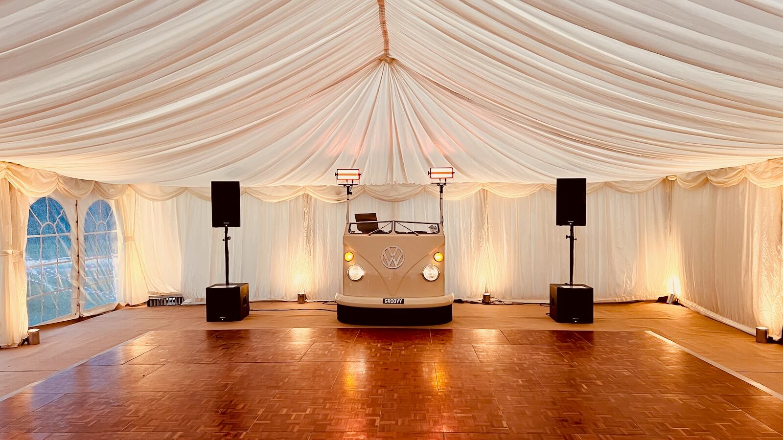 vw dj booth and Pioneer sound system ready for Felix's 50th in a marquee in Wiltshire