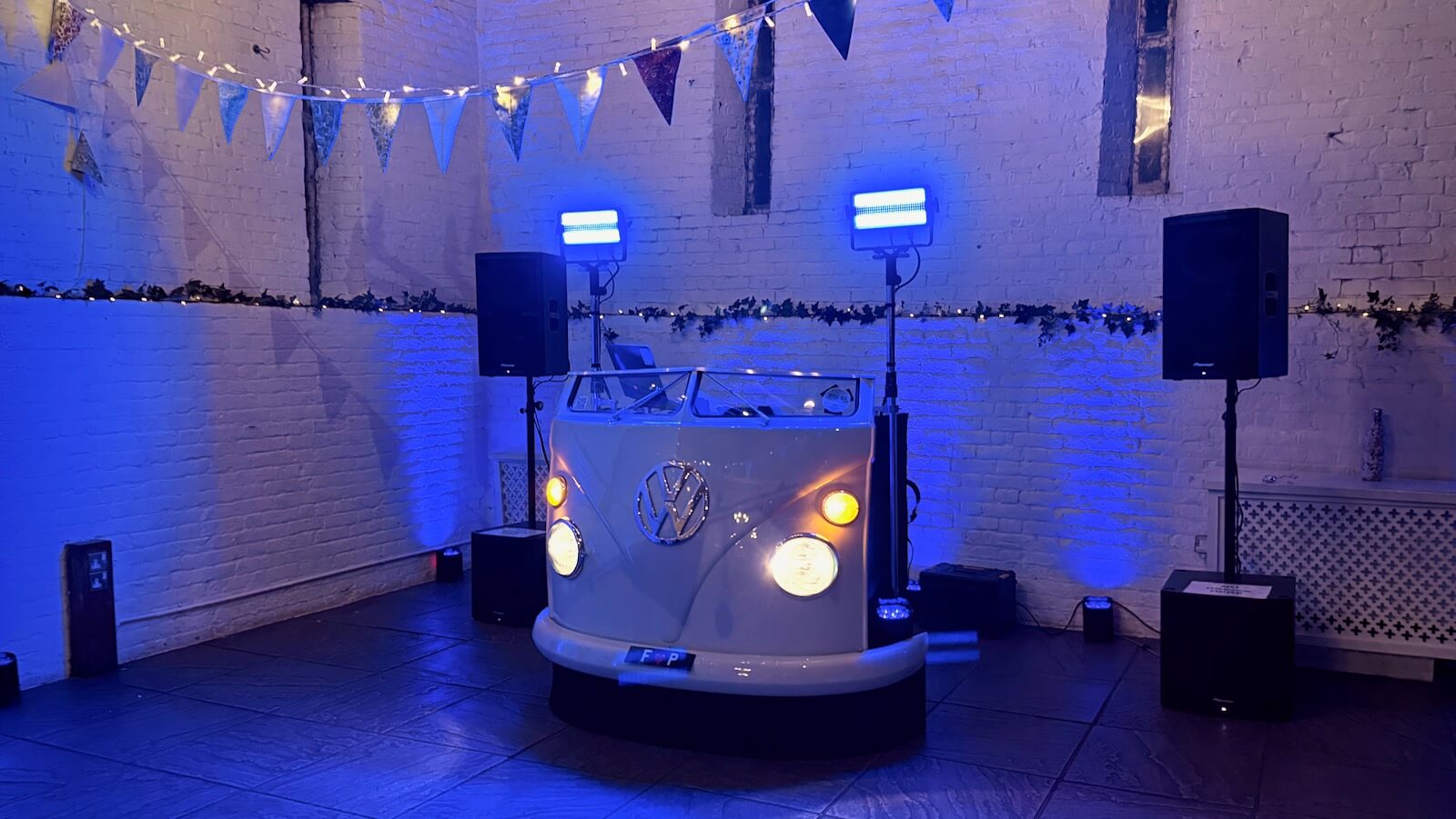 Florine & Peter, wedding at Ufton Court, Brian Mole's VW DJ booth