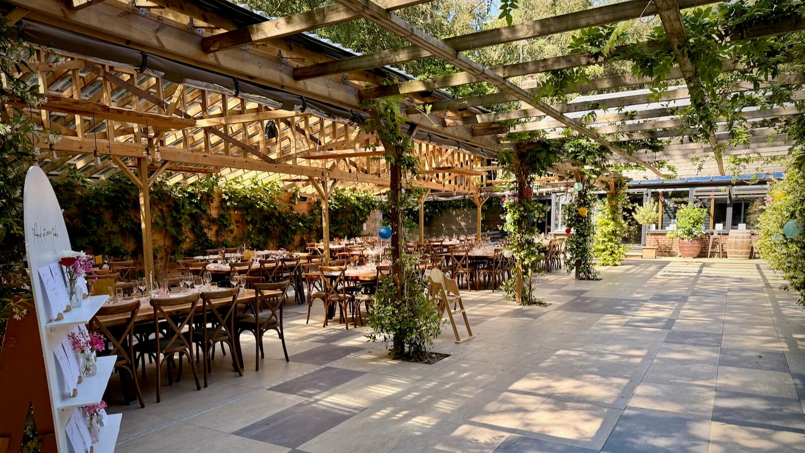 The outdoor eating area atTwo Woods Estate, 24th June 2026 all set for Hannah and Aaron