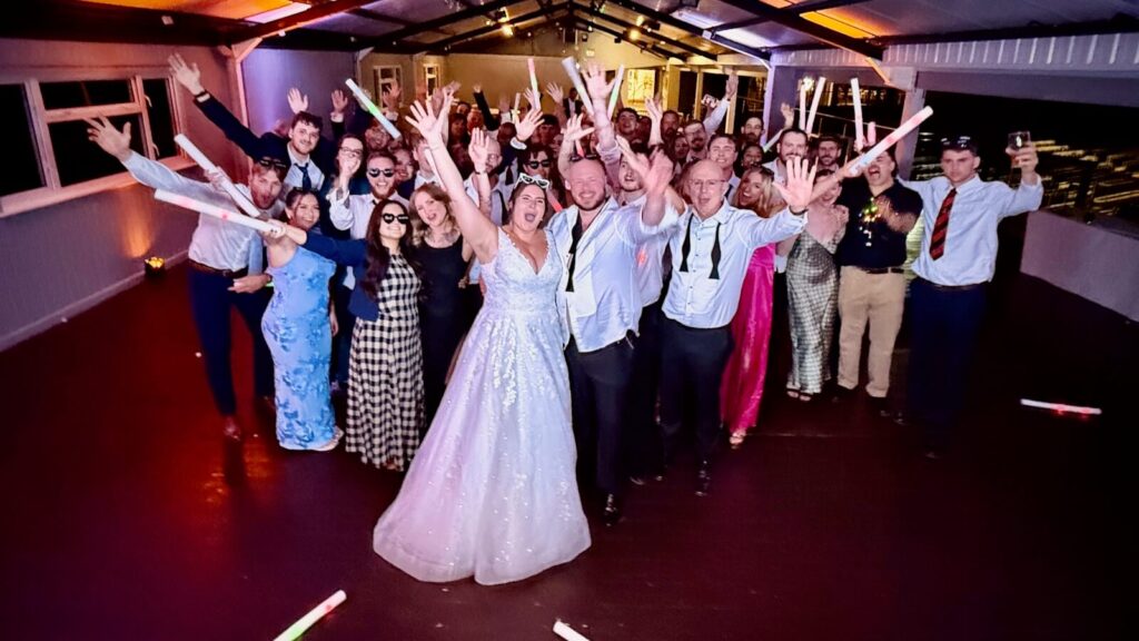 The survivors at the end of the night! Heather and Matt - 23rd August 2025 - Hickstead wedding, the Beethoven Suite
