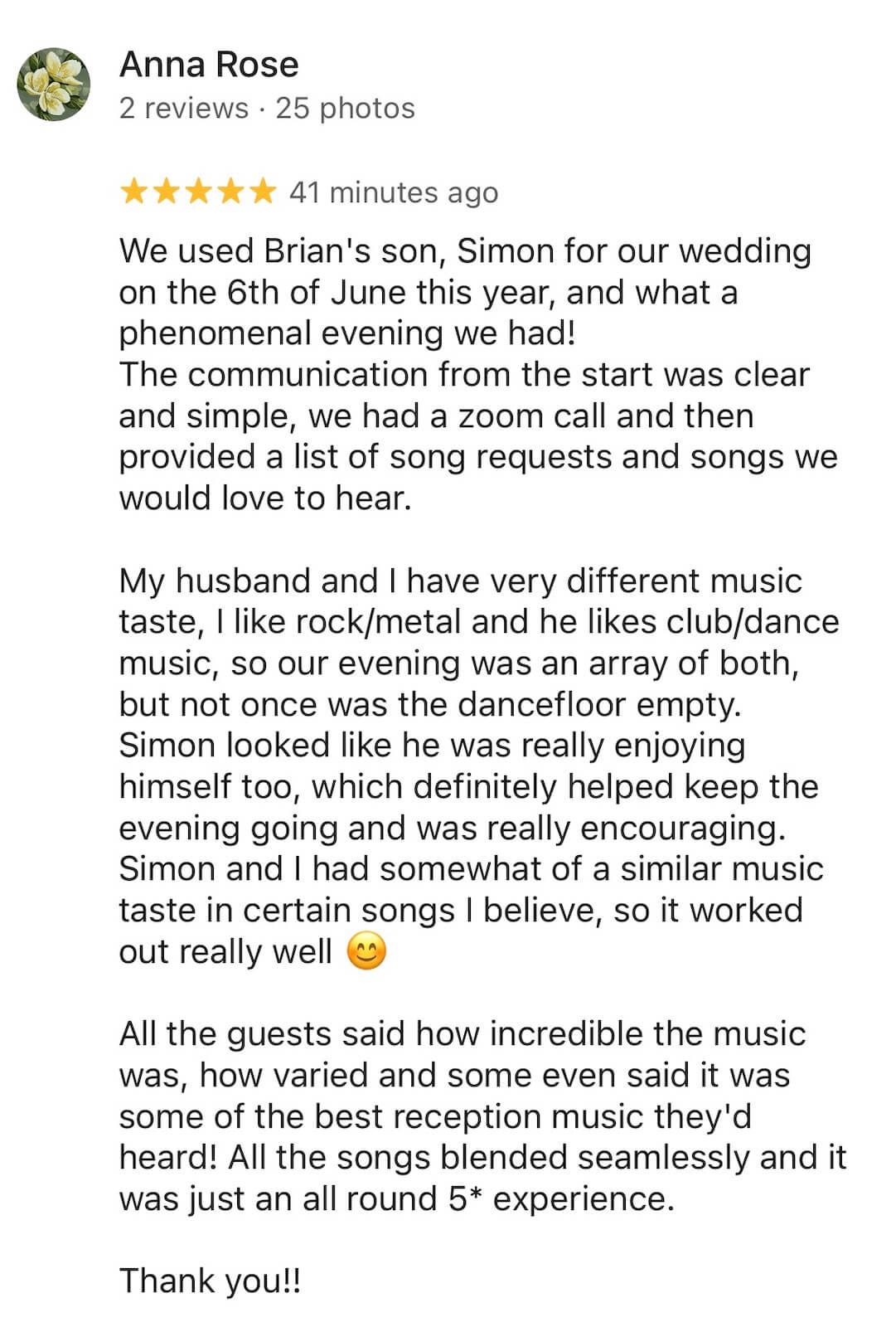 Anna and Steve's excellent review of Simon Mole DJing their wedding at Chapel Barn in Bolney on 6th June 2026