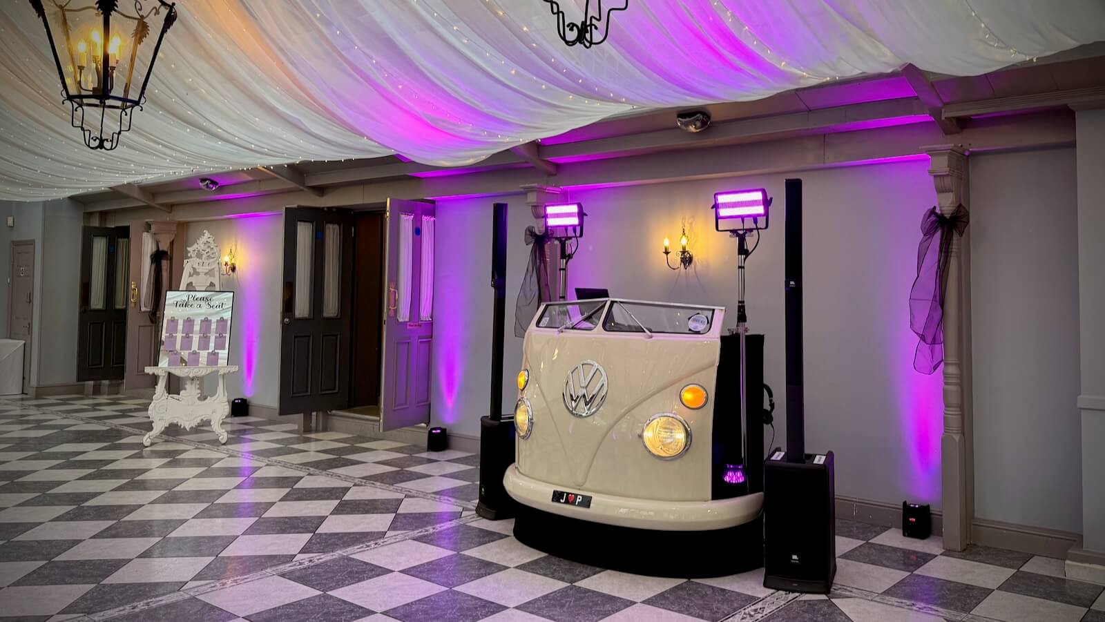 My VW DJ booth and uplighting for Jo and Paul's wedding anniversary bash, Stanhill Court Hotel, 2nd May 2026