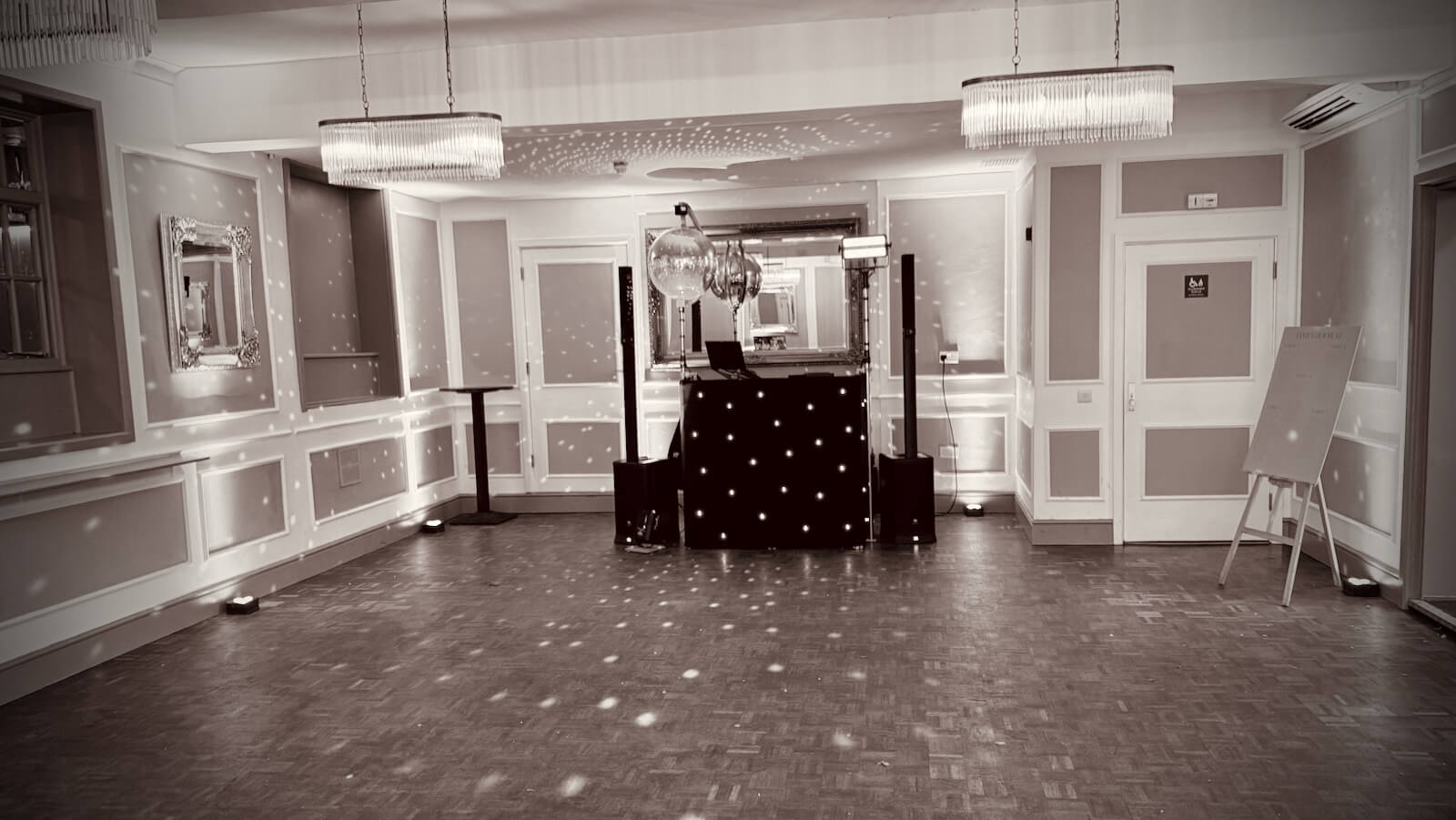 Classic wedding DJ with mirrorball at Kings Chapel Amersham for the wedding party of Kathryn and George