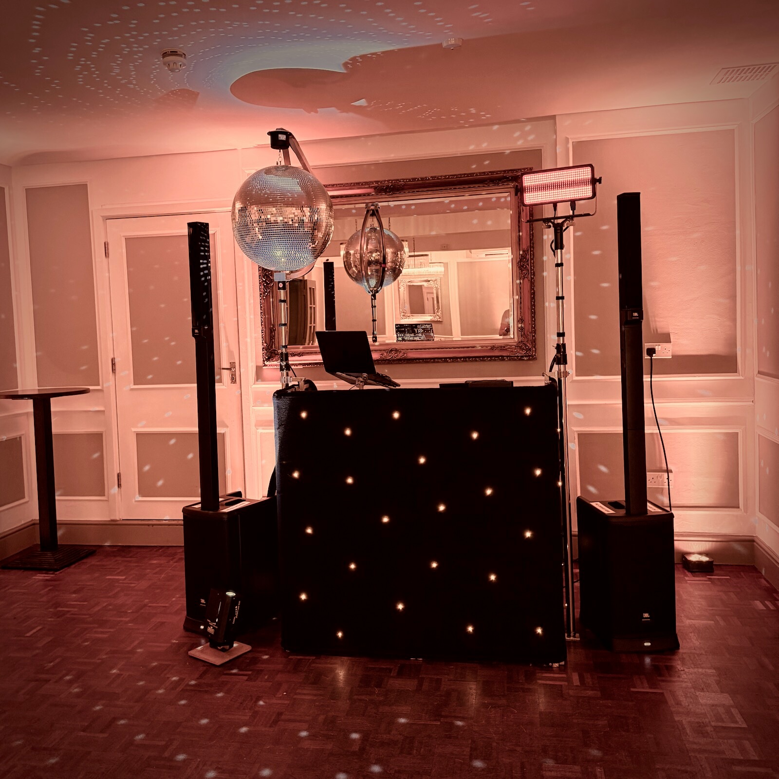 Classic wedding DJ with mirrorball at Kings Chapel Amersham for the wedding party of Kathryn and George