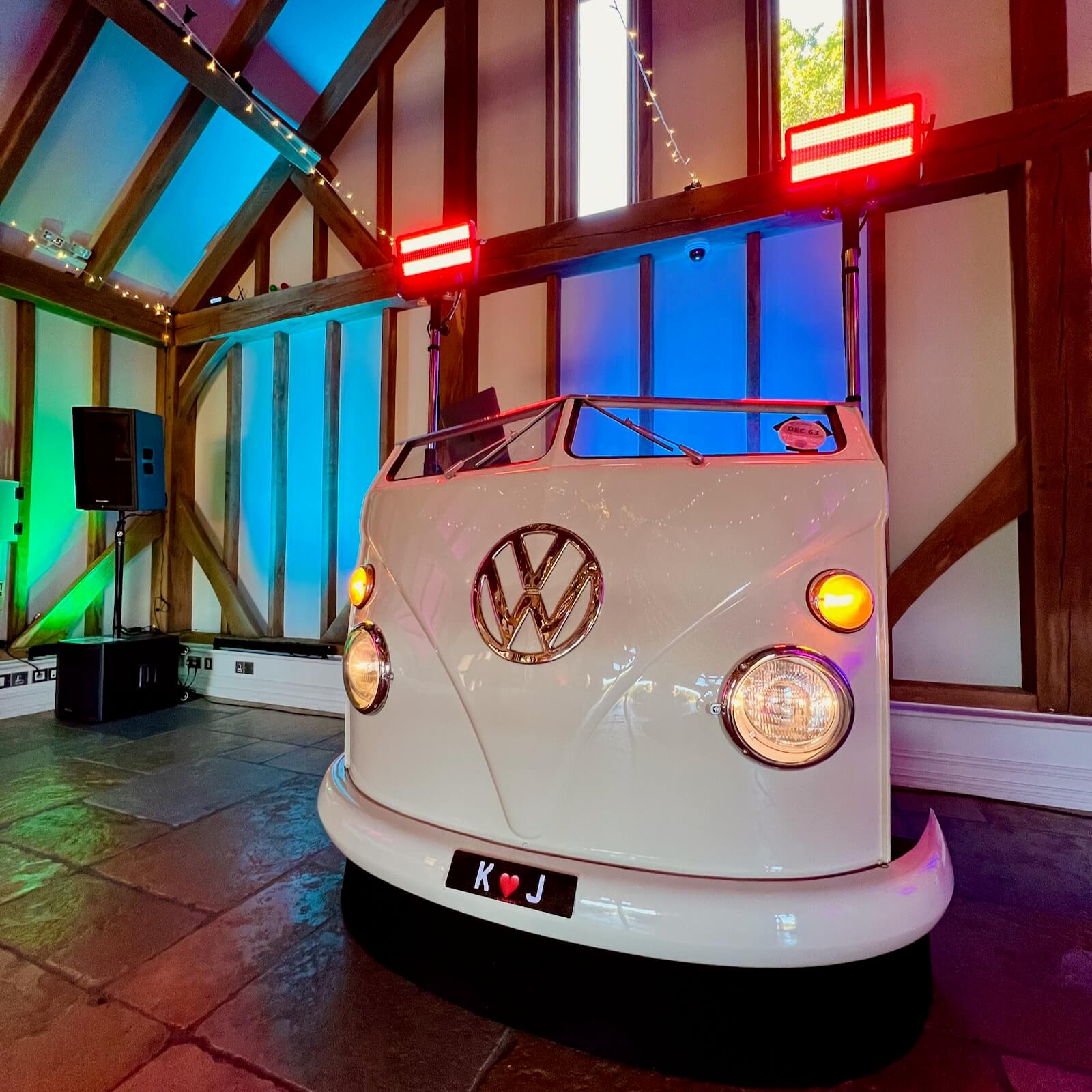 my unique and amazing VW split screen campervan DJ booth at Kayleigh and Jason's wedding at Brookfield Barn