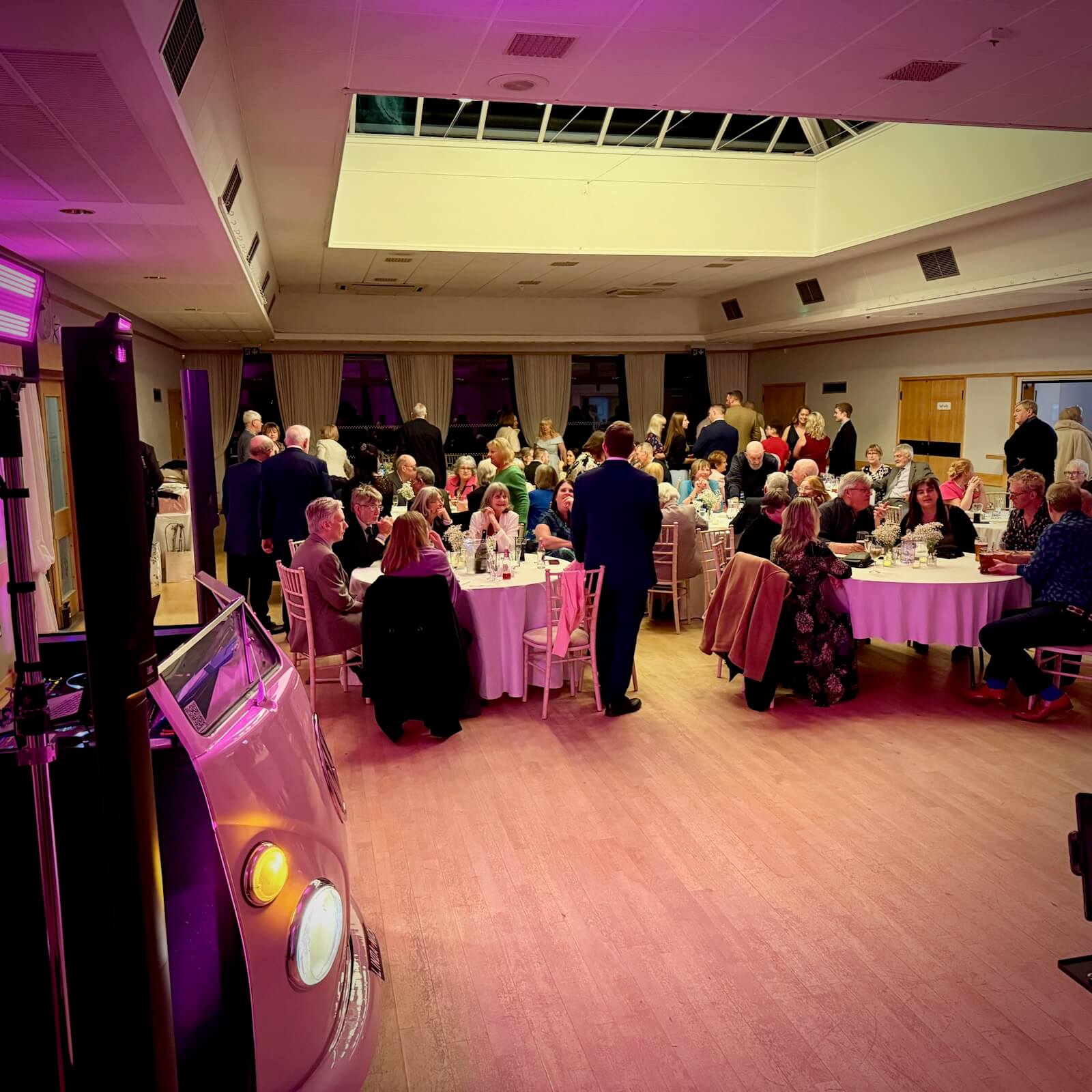 Linda and Mick's wedding reception, meridian hall, east court, east grinstead, wedding dj brian mole with VW campervan dj booth