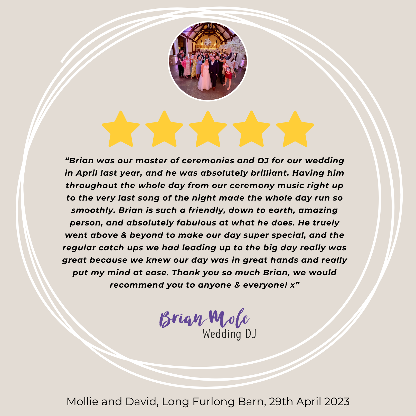 Google review left by Mollie and David a year after their fab wedding.