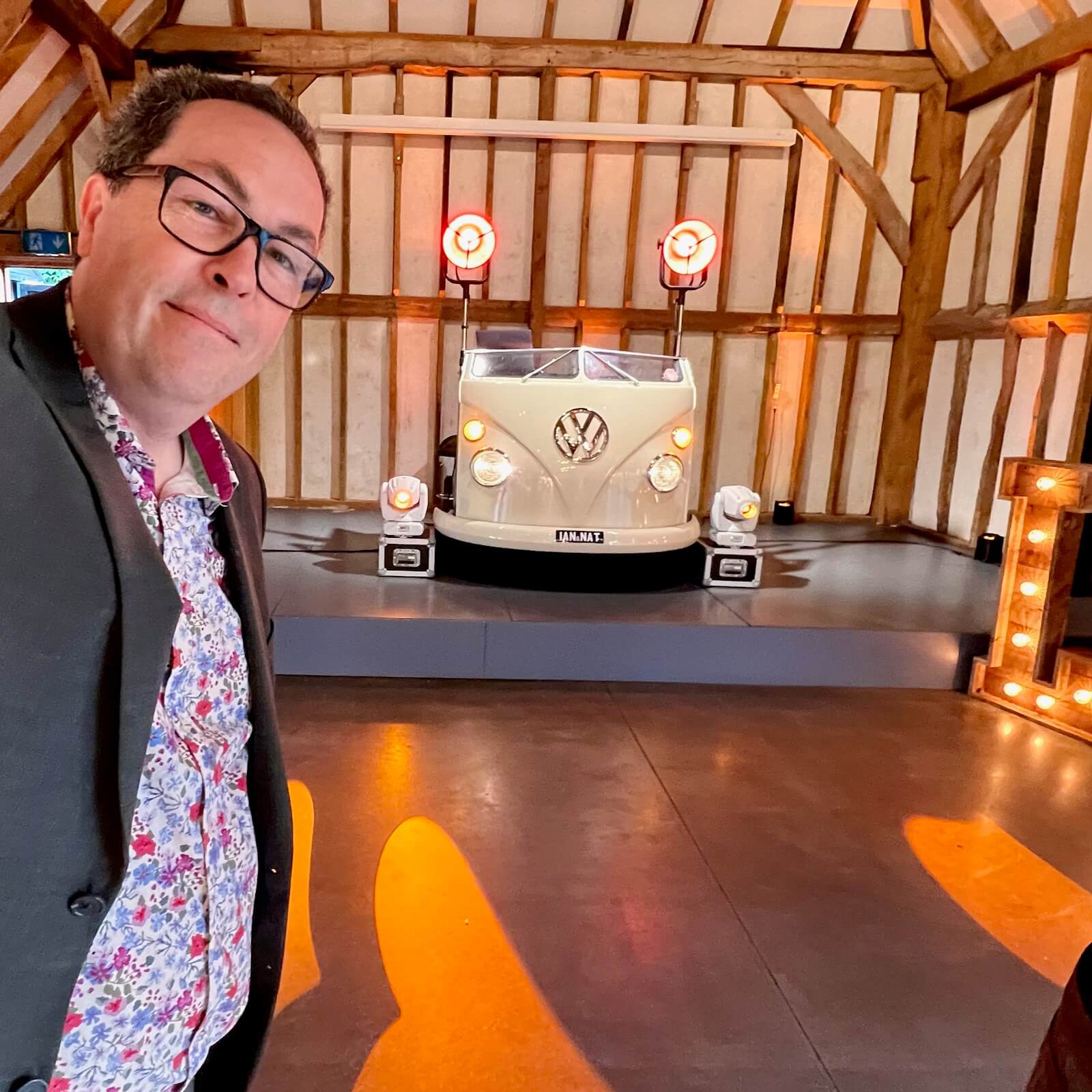 Brian Mole wedding dj Southend Barns with his unique and fab VW DJ booth