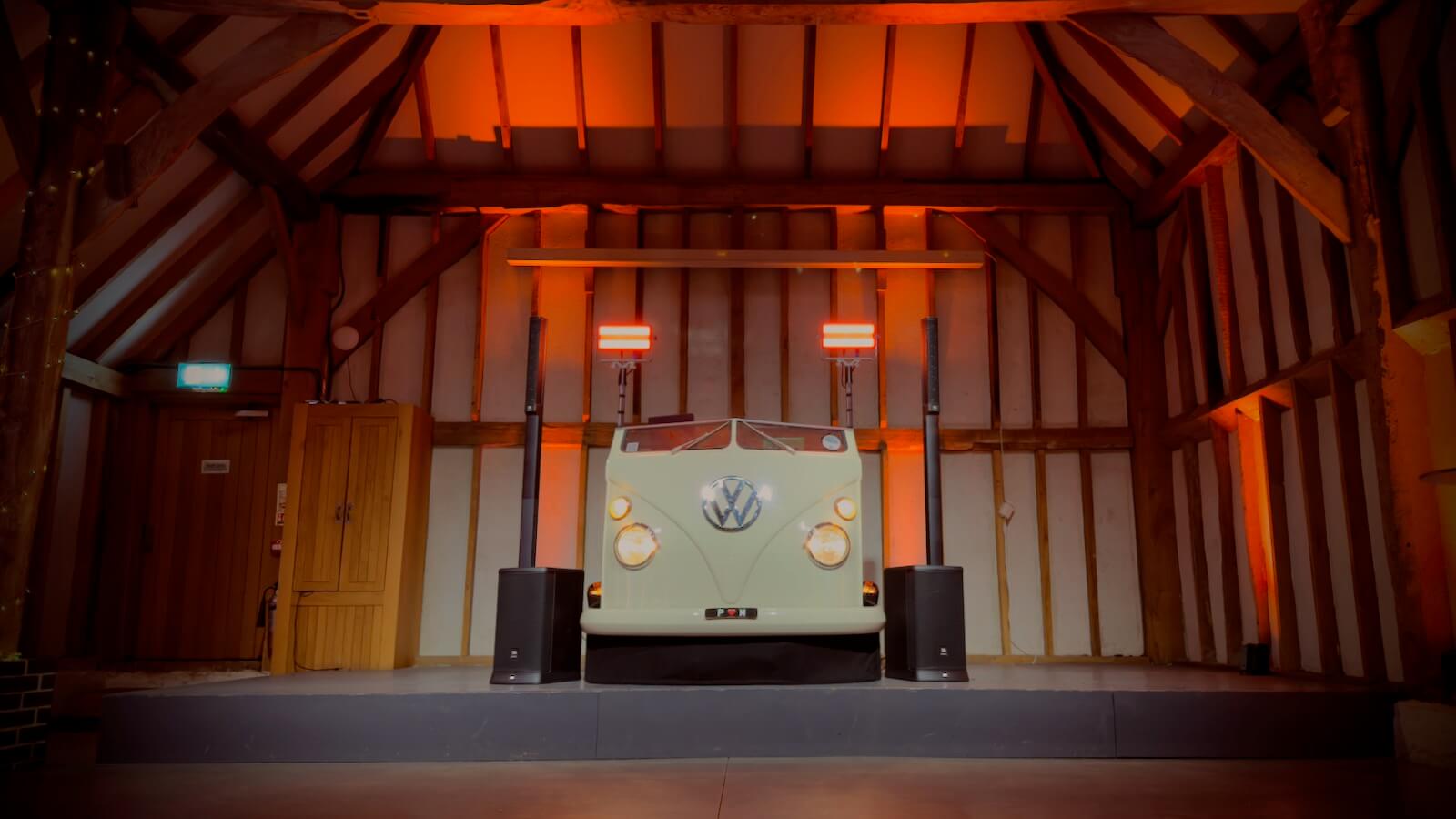 Amazing VW campervan DJ booth all set for Brian Mole to DJ at Southend Barns Chichester for Paige and Matt's wedding, 14th February 2026