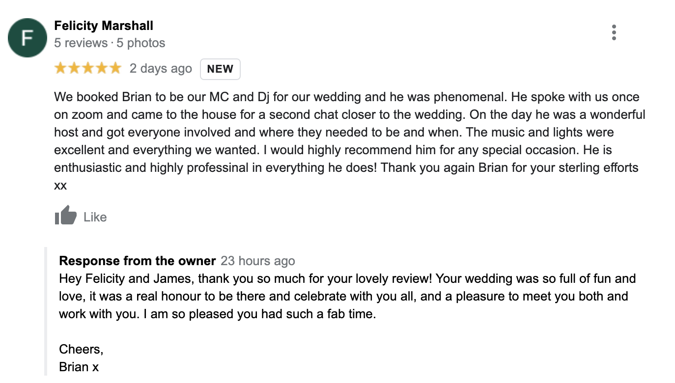 google review from Felicity and James for their wedding DJ at Field Place