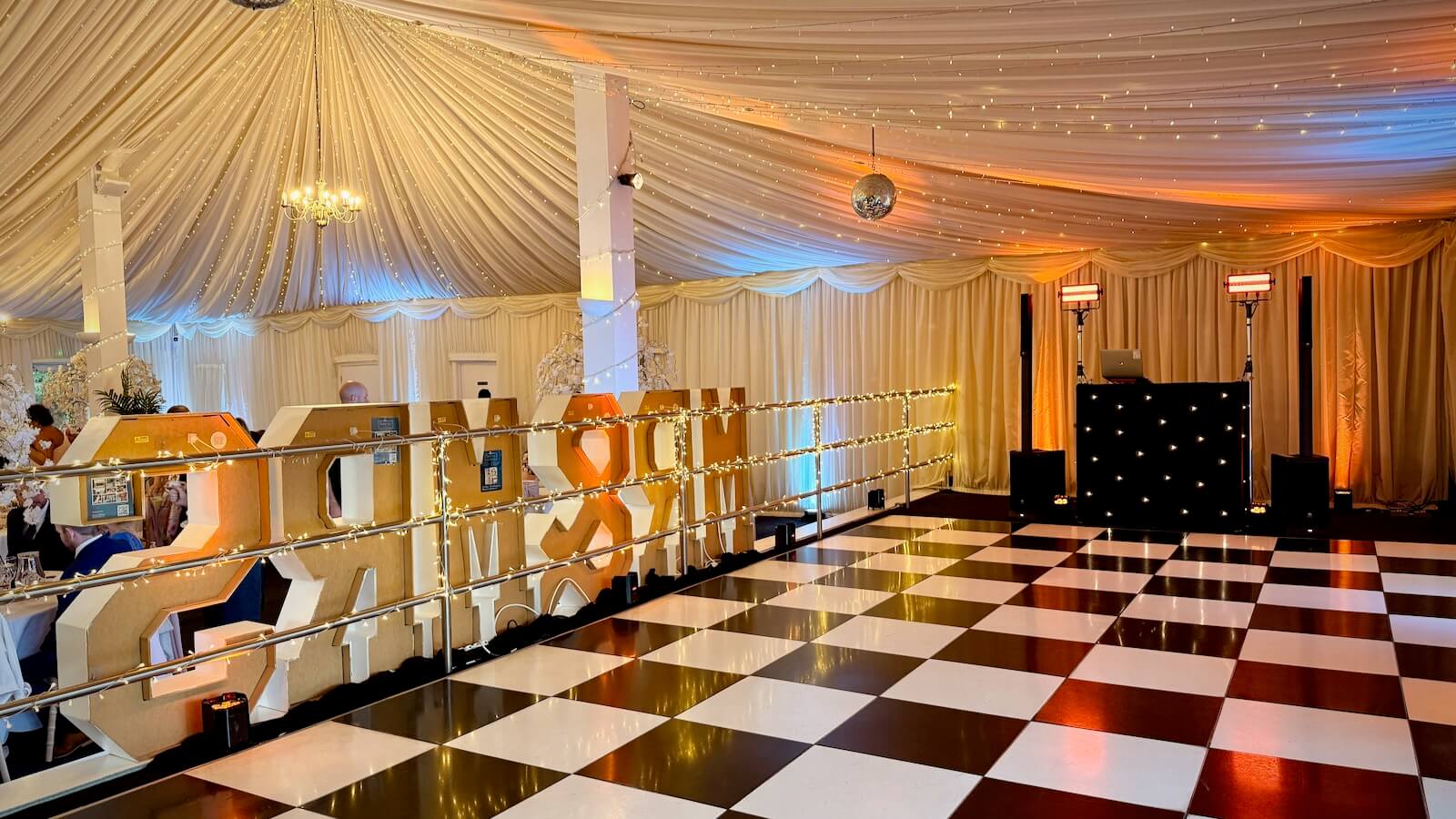 Selden Barns wedding DJ Brian Mole, elegant and discreet black starlit dj booth