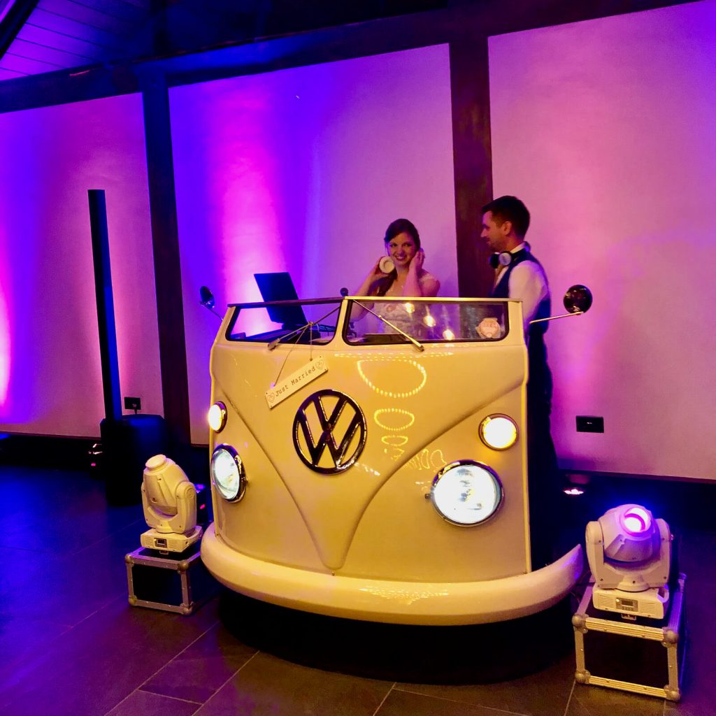 Hannah & Chris on the decks of my VW DJ booth at Syrencot