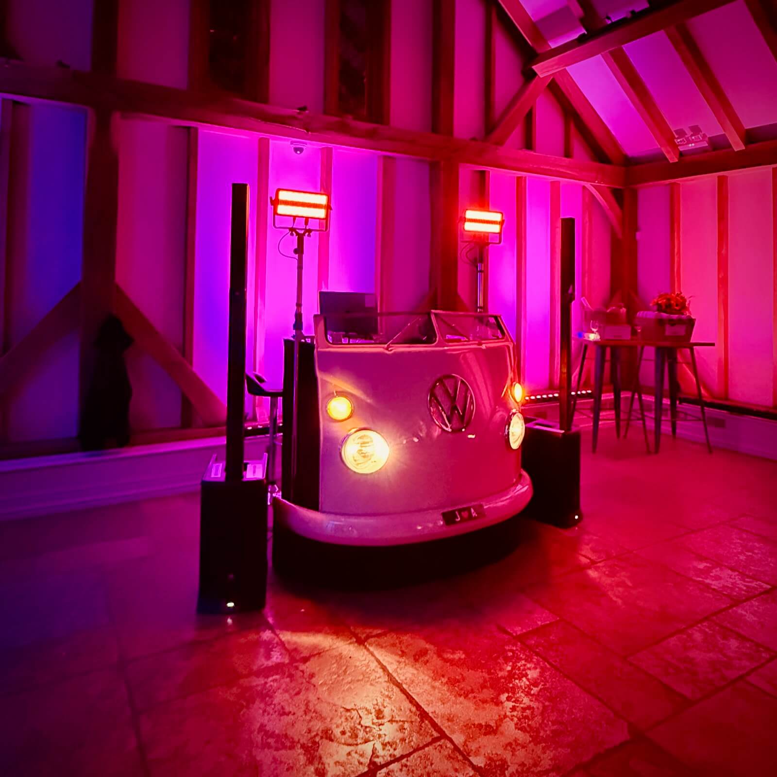 brian mole's unique vw dj booth - wedding dj at brookfield barn