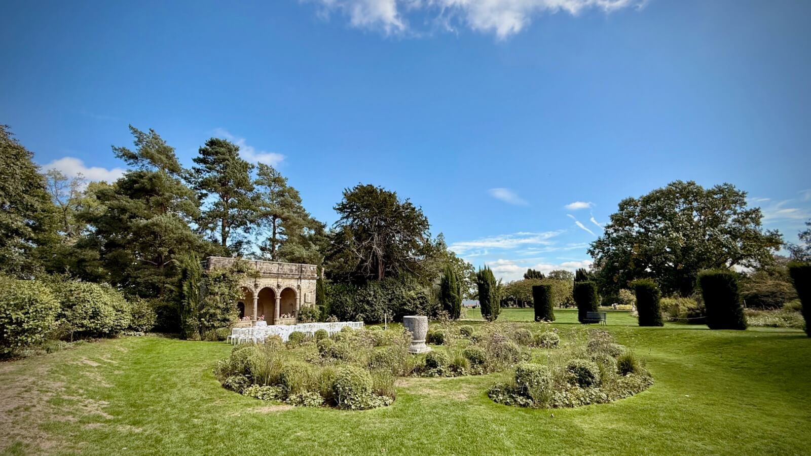 The Loggia all set for Charlotte and Alex's wedding ceremony at Nymans with DJ Brian Mole