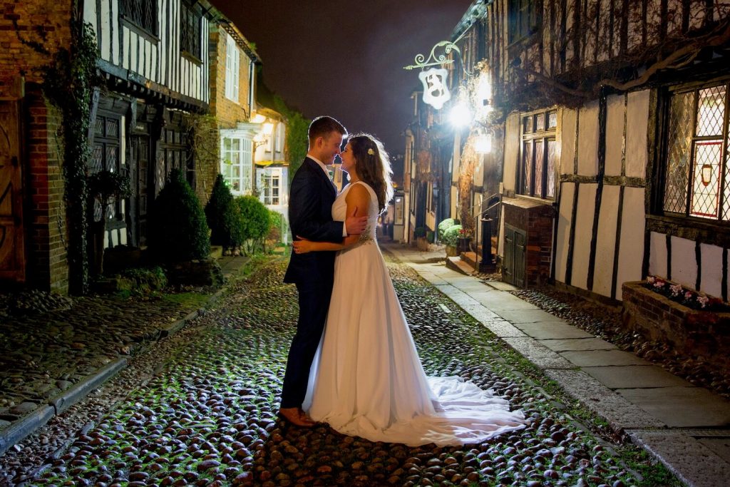 wedding image of bride and groom in a sussex cobbled street