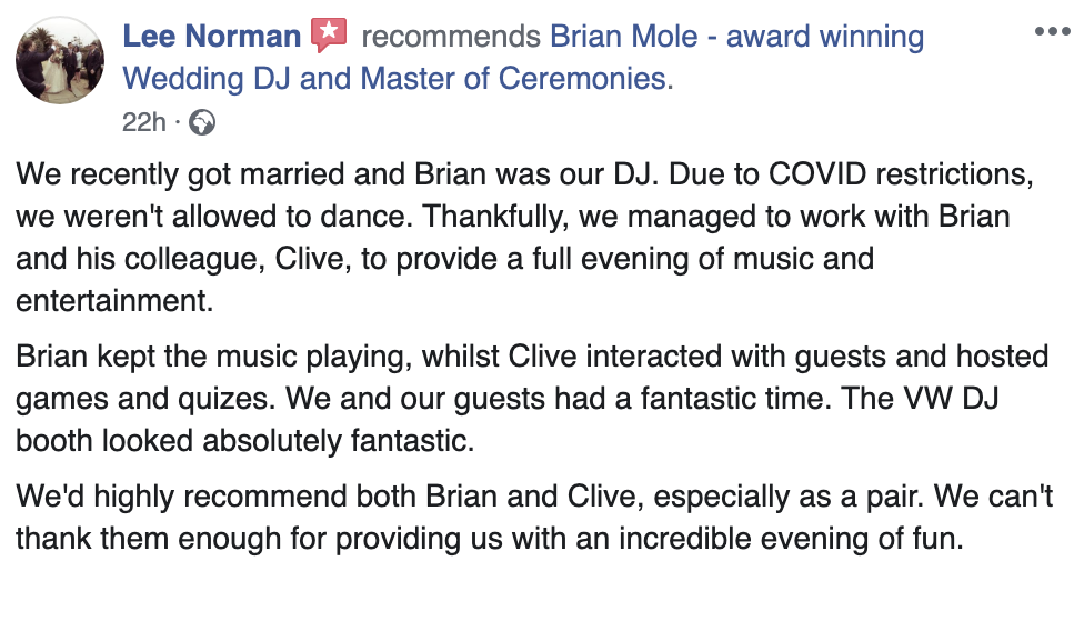 Feedback from Lee and Charli for their wedding at Field Place with DJs Brian and Clive live