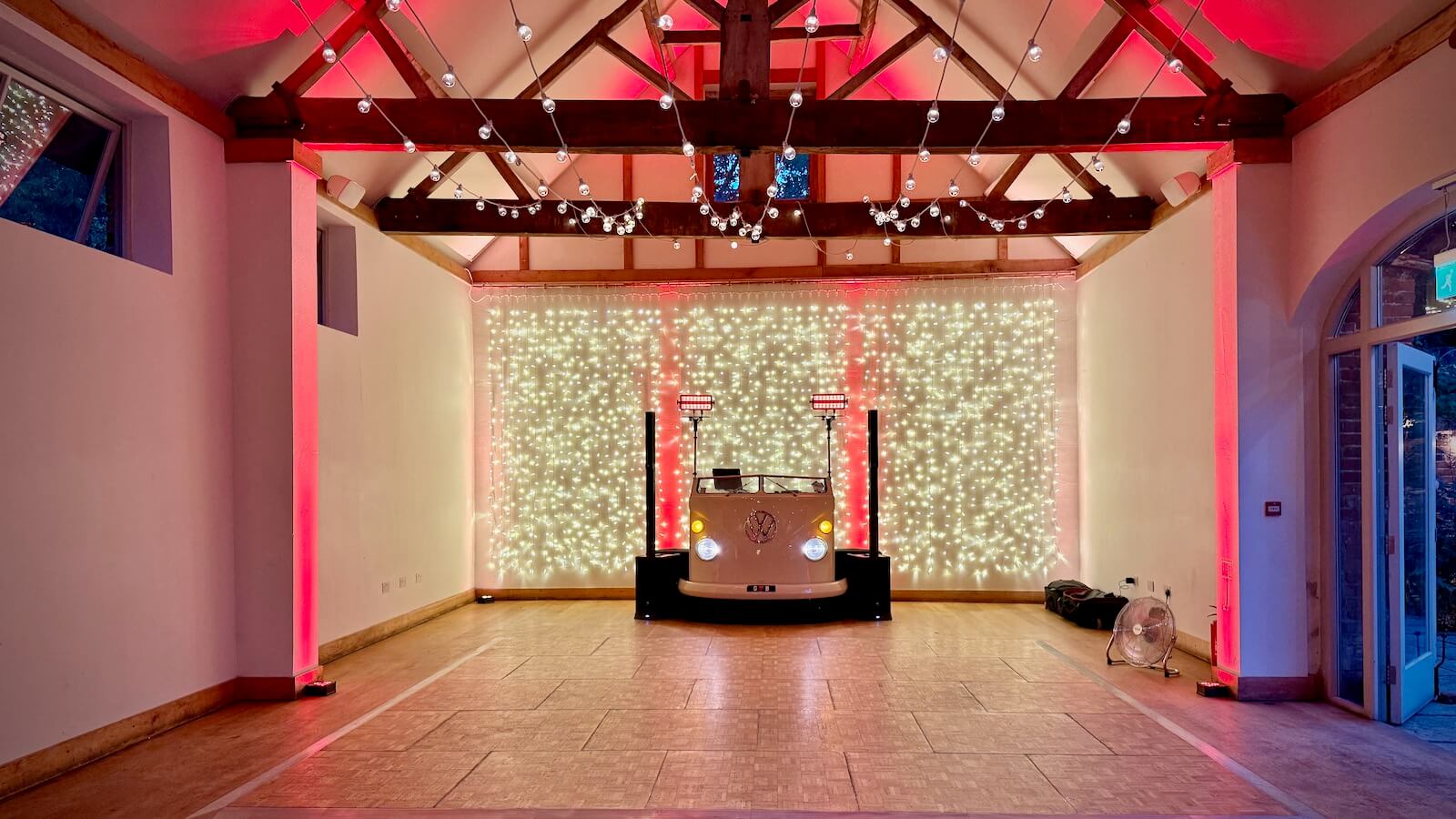 Brian Mole wedding DJ's fabulous VW DJ booth for Gwen, Brad and all their french and english guests at Dorney Court, 15/8/26