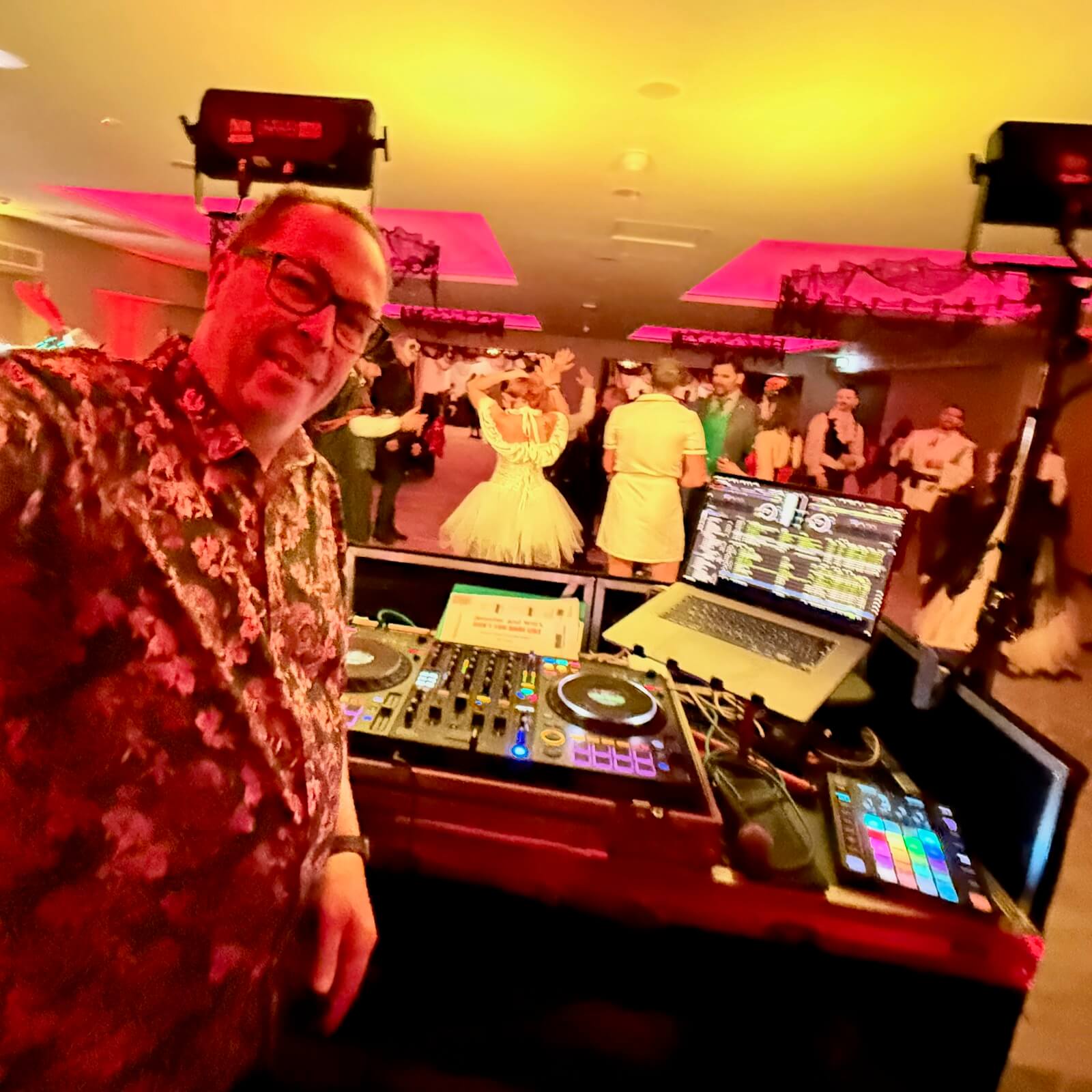 Packed dance floor at Jennifer and Will’s Halloween wedding party in Crawley with DJ Brian Mole