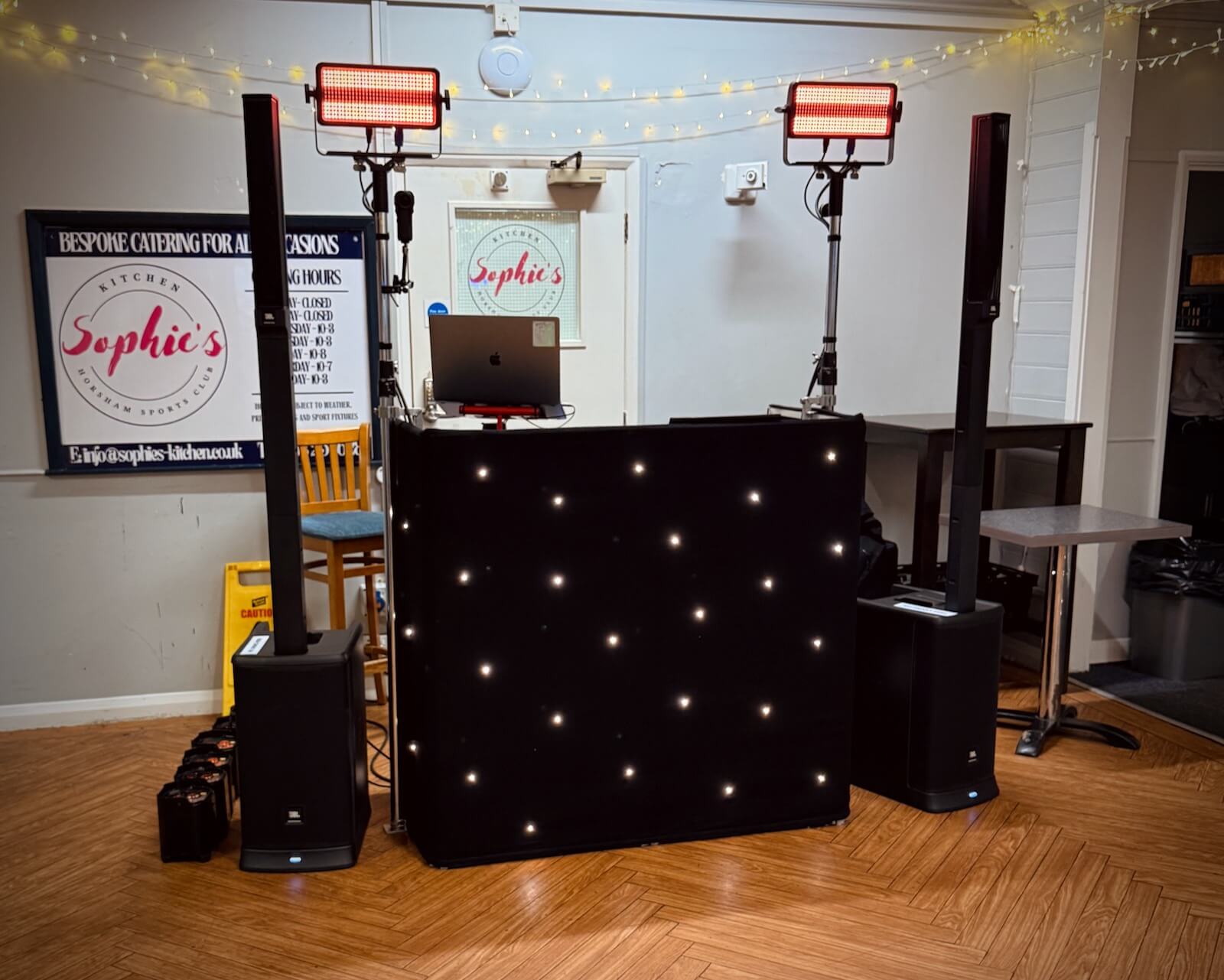 Horsham sports club party dj brian mole with discreet black dj booth