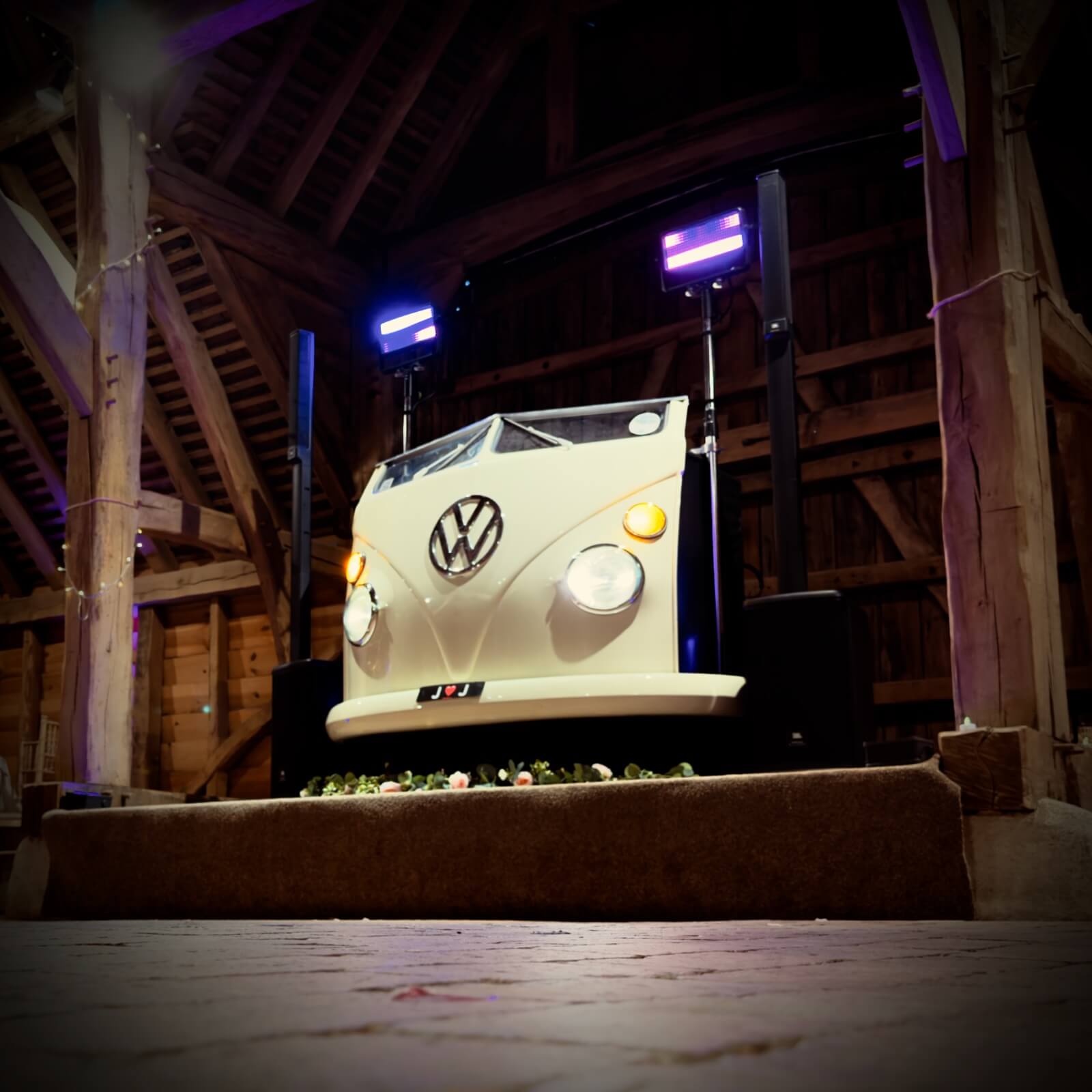 Jenny & Josh wedding dj with VW DJ booth, Brian Mole, 4th September 2026, Gildings Barns, Newdigate, Surrey