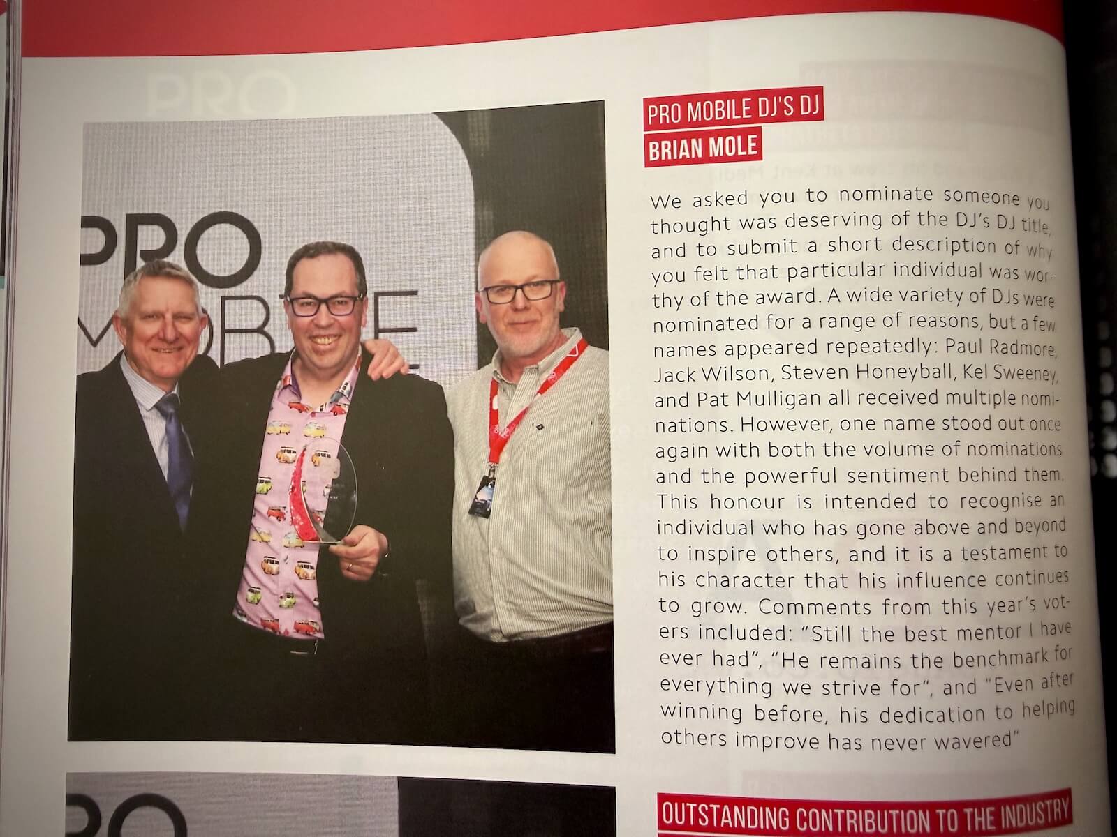 Brian Mole, awarded the Pro Mobile magazine DJ's DJ Award 2026, presented by Peter Holding and Richard Lee