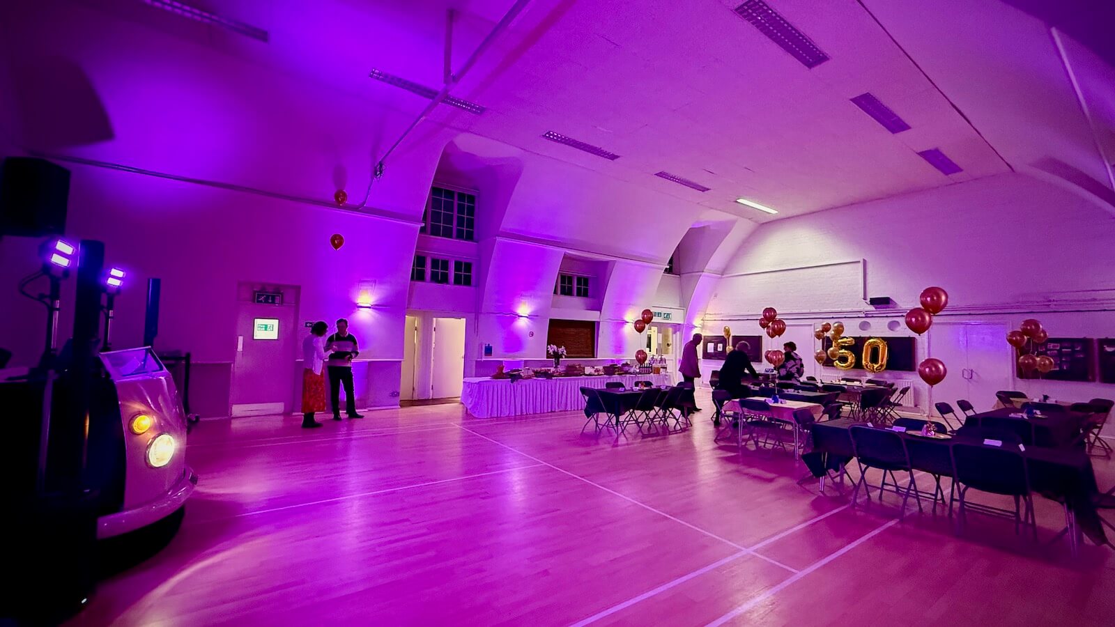all set to dj for Carol and John who were celebrating their 50th wedding anniversary party in tadworth, surrey, with my fabulous VW campervan dj booth, and stunning uplighting