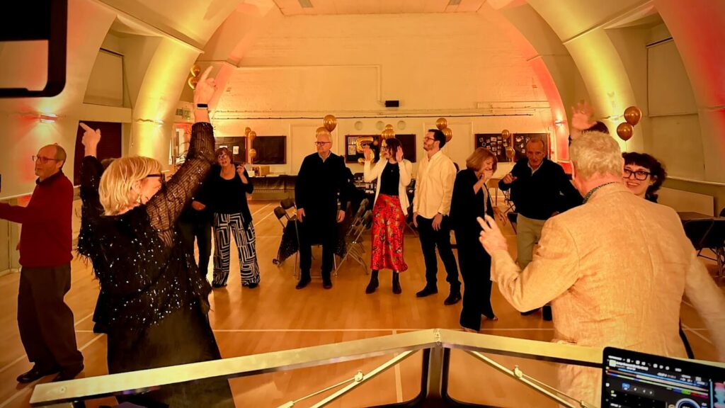 all set to dj for Carol and John and all their guests dancing who at their 50th wedding anniversary party in tadworth, surrey, with my fabulous VW campervan dj booth, and stunning uplighting