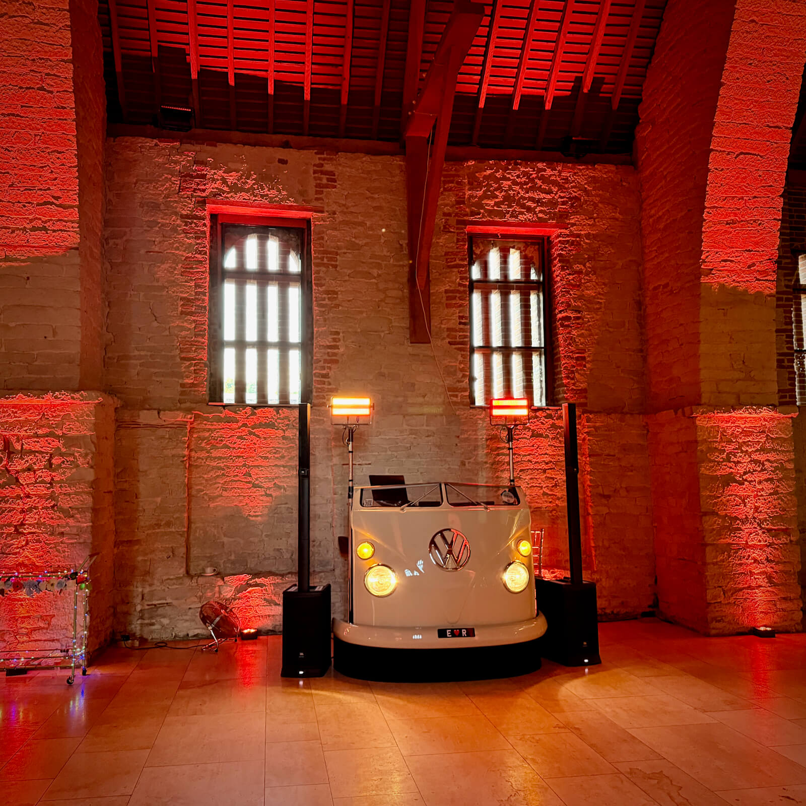 Brian Mole wedding DJ' VW DJ booth - a unique setup at Tithe Barn