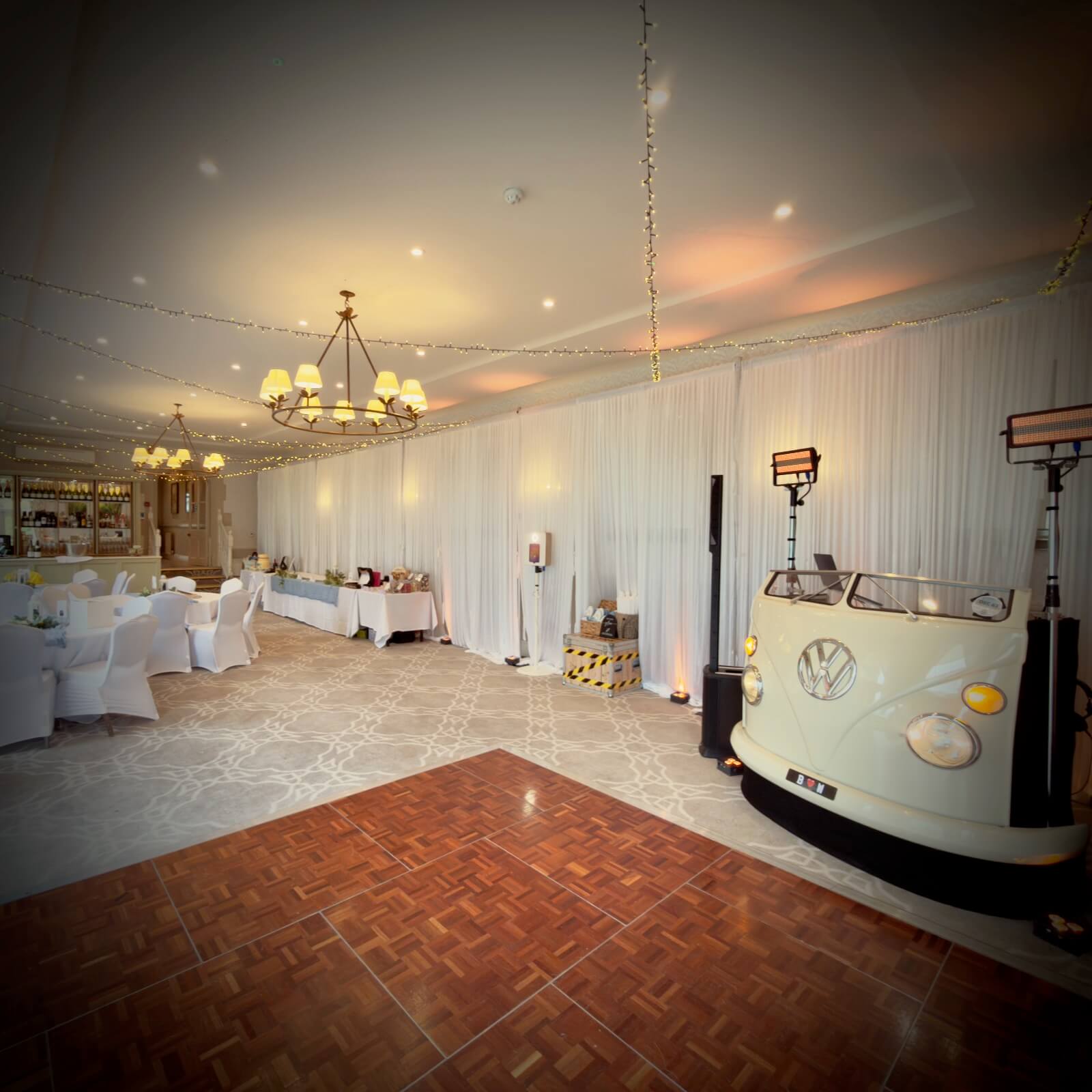 Brian Mole - amazing and unique vw dj booth ready for the party for Wes and Becky at Horsted Place